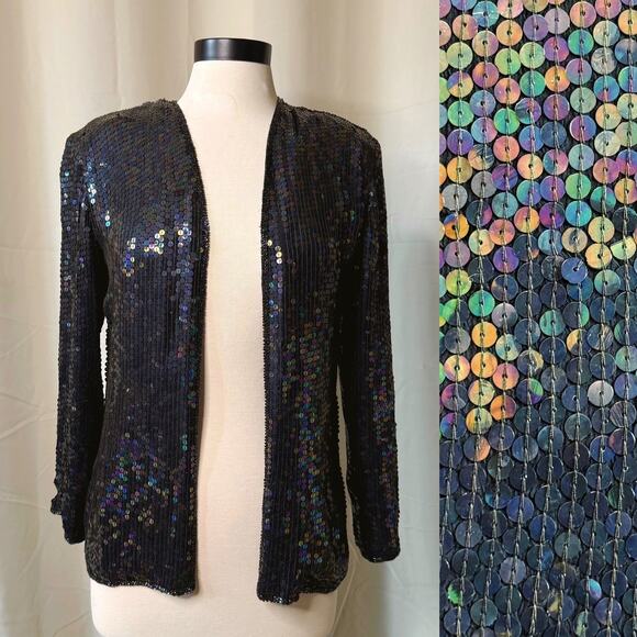 VTG 80s Royal Sequin Glitter Silk Black Iridescent Cardigan Jacket - Picture 1 of 8